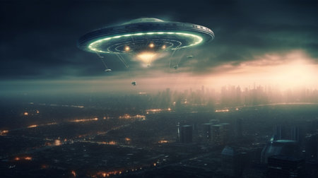 Unidentified flying saucer in the night sky. 3d renderingの写真素材
