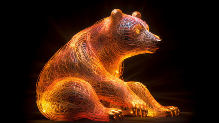 3d rendering of a golden bear on a black background with glowing linesの写真素材
