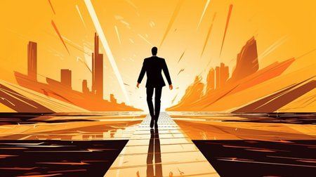 Businessman walking on the road to the city. Vector illustration.の写真素材