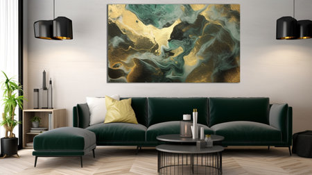 Interior of modern living room with green sofa 3D render illustrationの写真素材