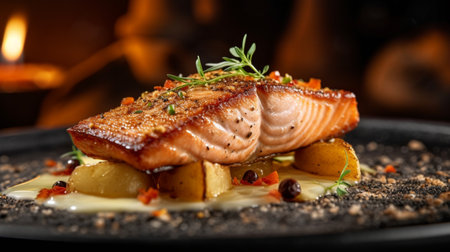 Grilled salmon steak with potatoes and herbs on a black plate.