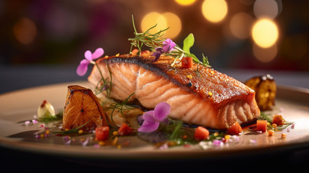 Grilled salmon fillet with vegetables and herbs on a plate.の写真素材