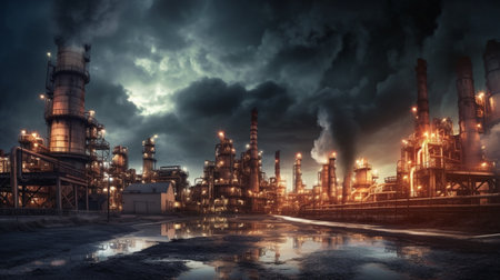 Double exposure of petrochemical plant at night with cloudy sky.