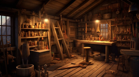 3D render of an old wooden workshop with tools and items.の素材