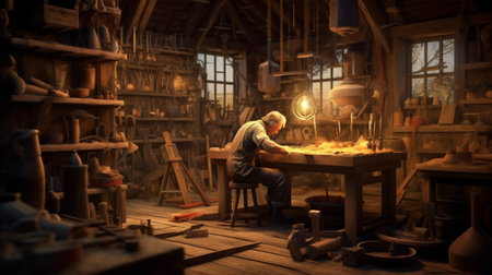 Craftsman working on a pottery wheel in his workshop.の素材