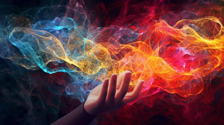 Conceptual image of human hand gesturing against colorful smoke designの素材