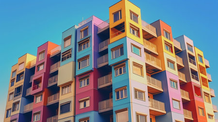 Multi-storey residential building on a background of blue sky.の素材