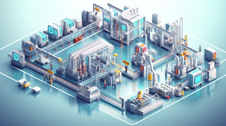 3d isometric industrial factory interior with equipment, machinery and workersの素材