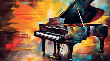 Digital painting of a grand piano on a colorful background, with copy spaceの素材