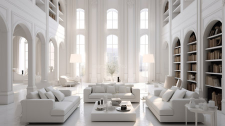 3d render of interior of modern living room with bookshelfの素材