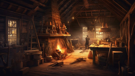 Old wooden workshop interior. 3d rendering. toned image.の素材