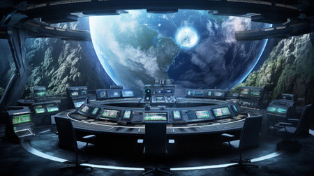 Spaceship interior with many screens and a view of the planet Earth 3D renderingの素材