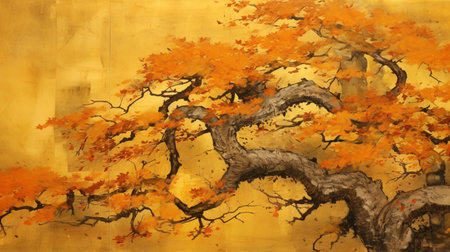 japanese traditional painting - autumn leaves on the wall, closeup of photoの素材
