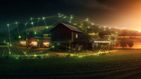 Digital composite of Network connection against farm with field and trees at nightの素材