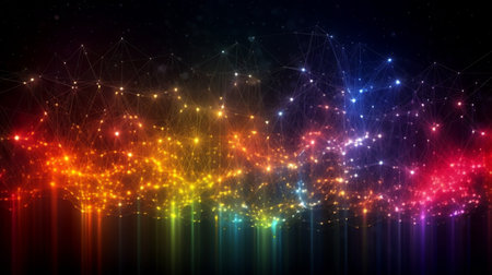 Abstract technology background with glowing particles and lines. Network concept. Vector illustrationの素材