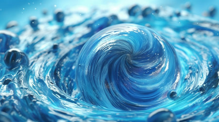 3d render of abstract blue liquid background with waves and bubbles.の素材