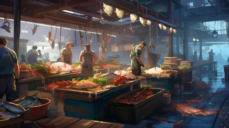 Seafood and fish market in Istanbul, Turkey. Night timeの素材
