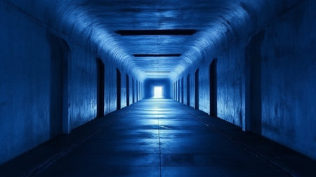 3d render, abstract background, empty corridor in dark blue colorの素材