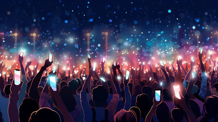 Crowd of people with raised hands at music festival. Vector illustration.の素材