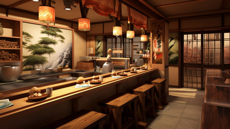 3D rendering of a Japanese restaurant with a beautiful interior design.の素材