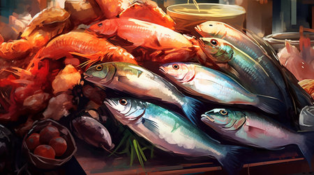 Fresh fish on the counter of a fish shop. Illustration.の素材
