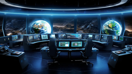 Spaceship interior with planet Earth and monitors. 3D renderingの素材