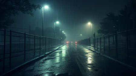 traffic in the foggy city at night with cars on the roadの素材
