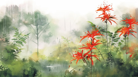 Watercolor painting of red flowers in the garden. Nature background.の素材
