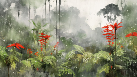 tropical rain forest with red flower and foggy background, digital paintingの素材