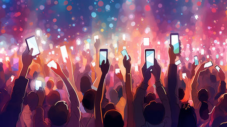 Crowd of people at a music concert with smartphones. Vector illustration.の素材