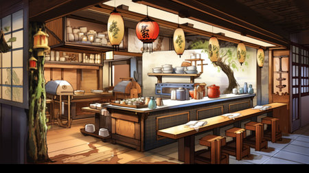 Illustration of a Japanese restaurant with a view of the kitchen.の素材