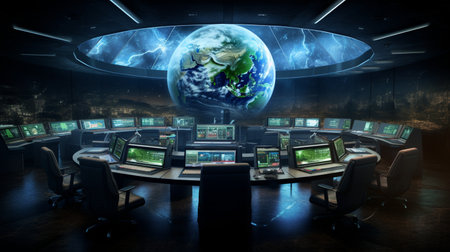 View of a planet earth surrounded by many monitors and laptops 3d renderingの素材