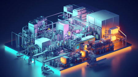 3d rendering of industrial equipment on a blue background with neon lightsの素材