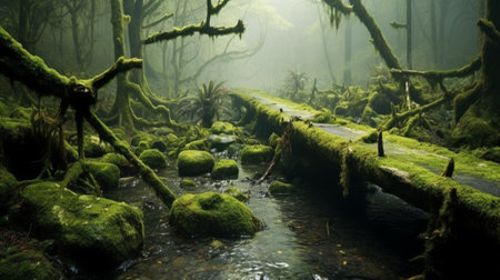 Mossy forest and stream in the rainforest of New Zealandの素材