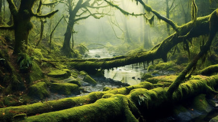 Foggy forest with a stream flowing through the mossy rocksの素材