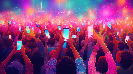Crowd of people with smartphones at a music festival. Vector illustration.の素材