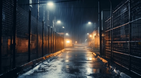 Foggy city street at night with lights. 3d renderingの素材