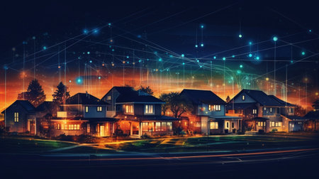 Cityscape with houses and lights at night. Real estate concept.の素材