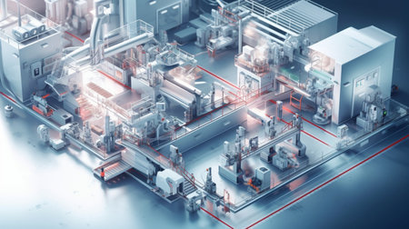 3d rendering of factory interior with equipment for industry 4.0の素材