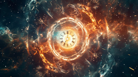 Time concept with clock in space. 3d rendering toned imageの素材