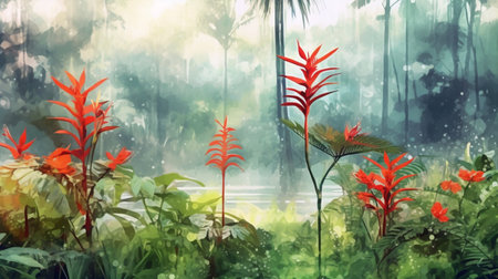 Beautiful tropical landscape with jungle and red flowers. 3D renderingの素材