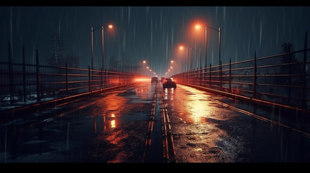Driving through the foggy city at night. 3D renderingの素材