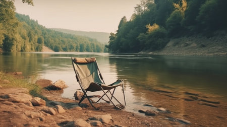 Lonely chair on the bank of a mountain river. Vintage style.の写真素材