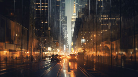 Night traffic in downtown of New York City, United States of Americaの写真素材