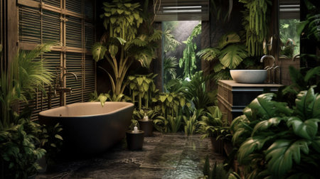 3D rendering of a bathroom with a bathtub and tropical plantsの写真素材