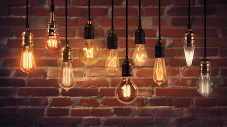 Vintage edison light bulbs on brick wall background. Idea concept.の写真素材