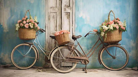 Vintage bicycle with basket of flowers in front of a blue wallの写真素材