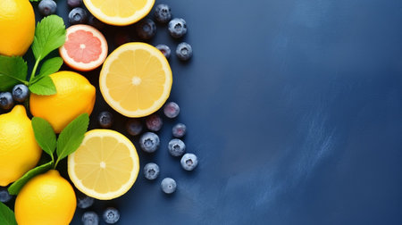 Lemons, grapefruits and blueberries on blue backgroundの写真素材