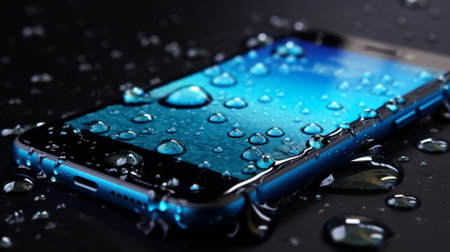 Smartphone with water drops on a dark background. Close-up.の写真素材