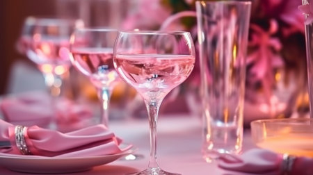 Wine glasses on the table with pink flowers in the background.の写真素材